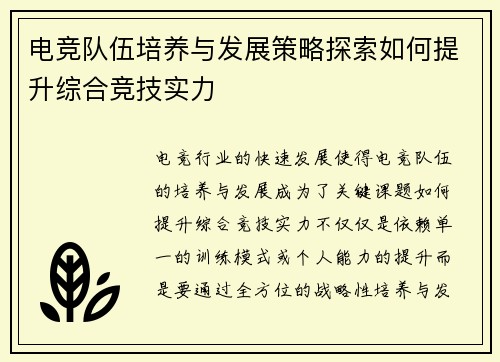 电竞队伍培养与发展策略探索如何提升综合竞技实力