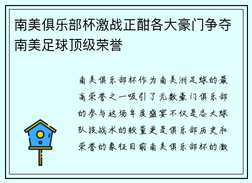 南美俱乐部杯激战正酣各大豪门争夺南美足球顶级荣誉