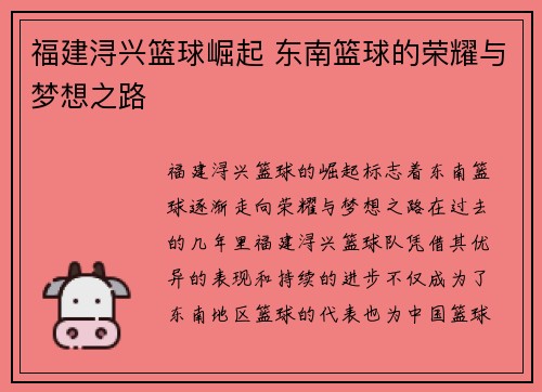 福建浔兴篮球崛起 东南篮球的荣耀与梦想之路